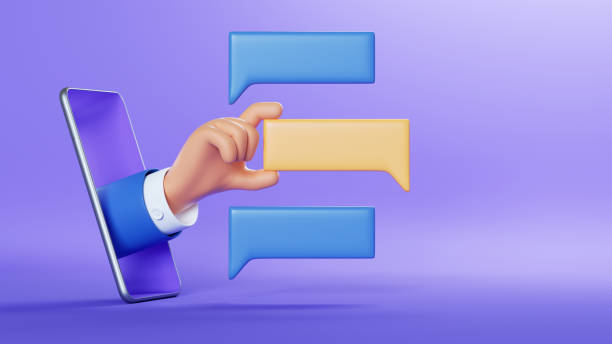 3d illustration. Cartoon character businessman hand with blank chat balloons, sticking out the smart phone screen. Online social media clip art isolated on violet background. Communication concept ilustración 3d. personaje de dibujos animados hombre de negocios mano con globos de chat en blanco, sobresaliendo la pantalla del teléfono inteligente. arte clip en línea de las redes sociales aislado en fondo violeta. concepto de comunicación
