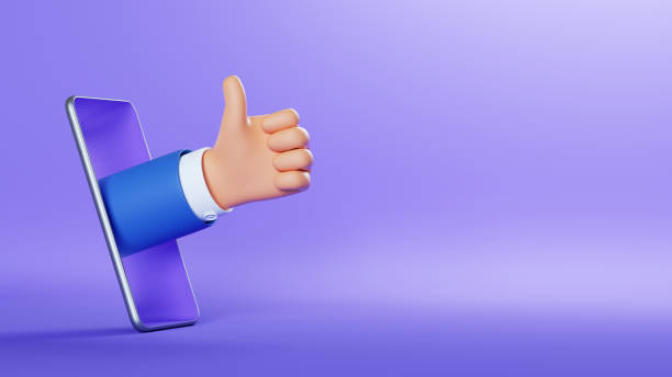 3d illustration. Cartoon character businessman hand shows like gesture, thumbs up, sticking out the smart phone screen. Business clip art isolated on violet background. Approval concept ilustración 3d. la mano del empresario de personajes de dibujos animados muestra como gestos, pulgares hacia arriba, sobresaliendo la pantalla del teléfono inteligente. arte clip de negocios aislado sobre fondo violeta. concepto de aprobación