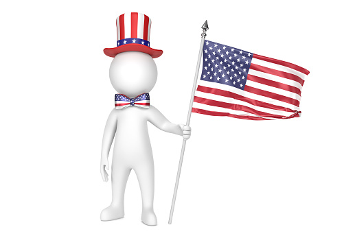 Man wears fedora with American flag on it while holding an American Flag against white. Horizontal composition with copy space. Easy to crop for all your social media and print sizes.