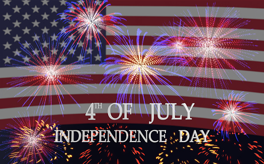 4th Of July Independence Day celebration greeting card with fireworks against American flag. Horizontal composition with copy space. Easy to crop for all your social media and print sizes.