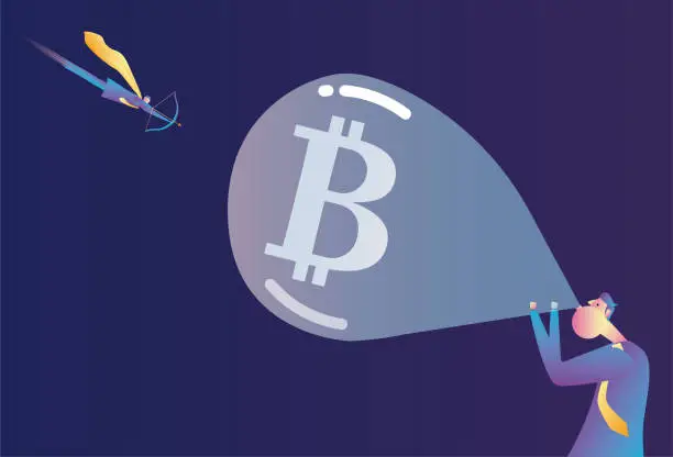Vector illustration of Superman aimed at the blown up Bitcoin balloon with a bow and arrow, the bubble economy