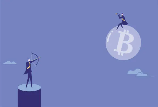 Vector illustration of Business man shoots at Bitcoin bubble with bow and arrow, bubble economy