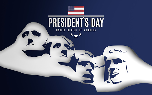 President's Day Mt Rushmore Statue 4th Of July concept and American flag on blue background. Horizontal composition with copy space. Easy to crop for all your social media and print sizes.