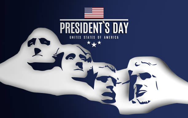 President's Day Mt Rushmore Statue 4th Of July Concept and American Flag Against Blue Surface President's Day Mt Rushmore Statue 4th Of July concept and American flag on blue background. Horizontal composition with copy space. Easy to crop for all your social media and print sizes. presidents day stock pictures, royalty-free photos & images
