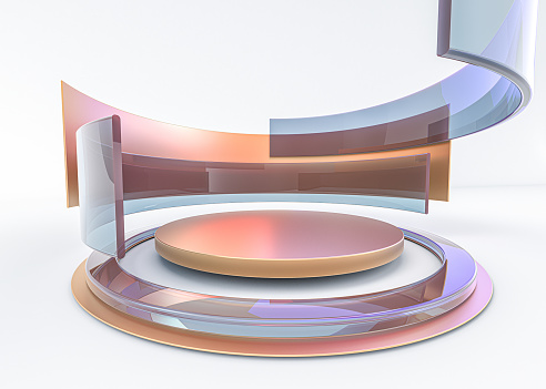 Abstract composition with podium. Minimal studio. Futuristic interior backdrop. 3D rendering