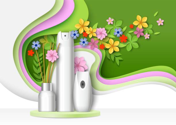 ilustrações de stock, clip art, desenhos animados e ícones de air freshener packaging bottle, aroma stick mockup set on podium, paper cut floral background, vector illustration. - air freshener