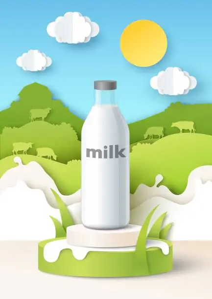 Vector illustration of Milk bottle mockup on podium, paper cut fields, cows, milk splashes, vector illustration. Natural dairy food product ads