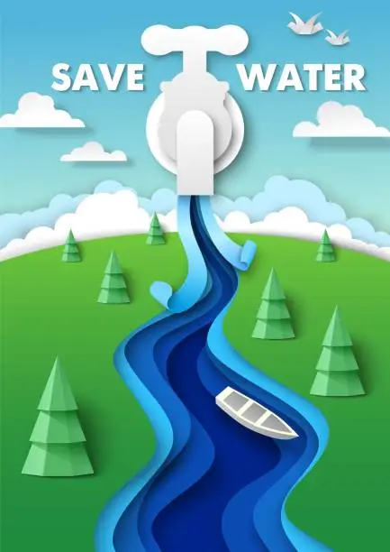 Vector illustration of Save water poster design template. Paper cut water coming out of faucet. Clean, fresh water is limited resource, vector.