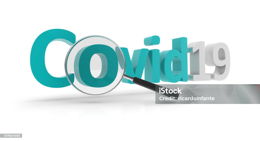 3D Covid 19 - Magnifying Glass Computer image on white background – Search concept, Covid Word COVID-19 Stock Photo