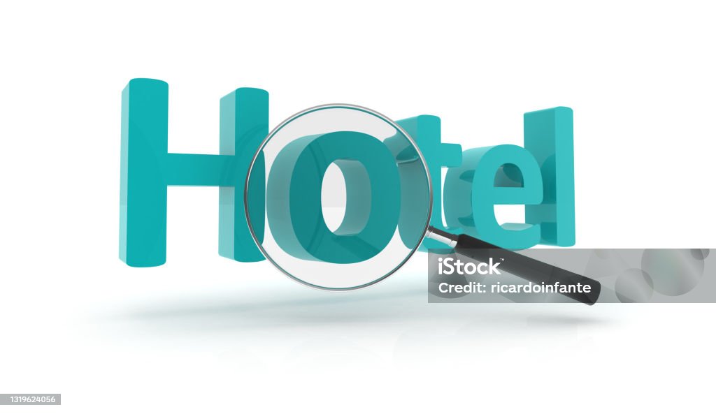 3D Hotel - Magnifying Glass Computer image on white background – Search concept, Palabra Hotel Colombia Stock Photo