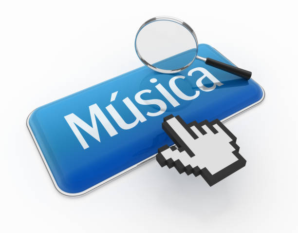 Hand cursor on Música button with Magnifying Glass Computer image on a white background – Concept of internet search with magnifying glass, Word Music música stock pictures, royalty-free photos & images