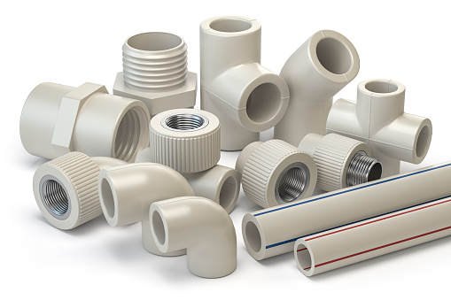Set of PVC pipe fittings isolated on white. 3d illustration