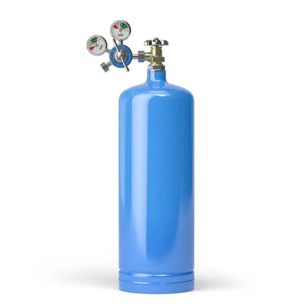 Photo of Oxygen tank cylinder isolated on white background.