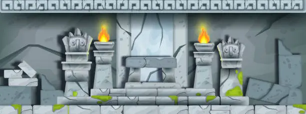 Vector illustration of Ancient stone temple ruin, vector cartoon maya tomb interior background, history game illustration.