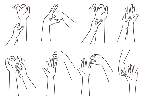 Acupressure hand massage therapy technique, vector illustration. Female character pressing points on her fingers, hand palms, wrists to alleviate headache, back pain, nausea and anxiety symptoms etc.