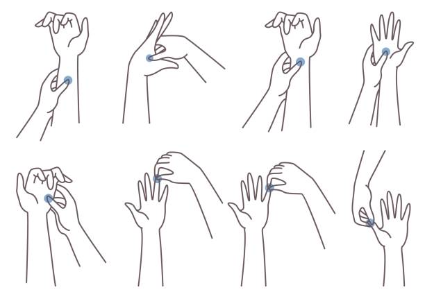 Acupressure hand massage technique. Woman pressing finger, palm, wrist points, vector illustration. Chinese medicine. Acupressure hand massage therapy technique, vector illustration. Female character pressing points on her fingers, hand palms, wrists to alleviate headache, back pain, nausea and anxiety symptoms etc. shiatsu stock illustrations