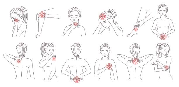 ilustraciones, imágenes clip art, dibujos animados e iconos de stock de conjunto de zona dolorosa corporal femenina, ilustración vectorial. el cuerpo del paciente enfermo parte los puntos rojos del dolor. migraña, dolor de cabeza, dolor de espalda. - backache pain cartoon back