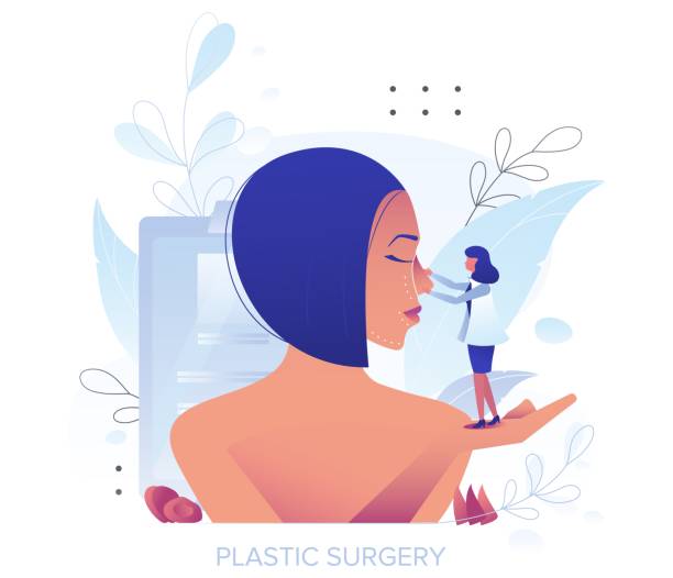 Rhinoplasty, plastic surgery. Doctor improving female face beauty changing nose shape, vector illustration. Nose job. Rhinoplasty, plastic surgery. Doctor improving female face appearance changing nose shape, flat vector illustration. Nose contouring and reshaping cosmetic procedure. silicone implants stock illustrations