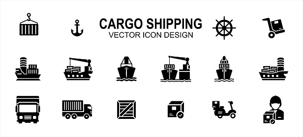 cargo shipping delivery expedition related vector icon user interface graphic design. Contains such icons as ship, vessel, anchor, ship steering wheel, cargo ship, truck, pallet box, harbor loading