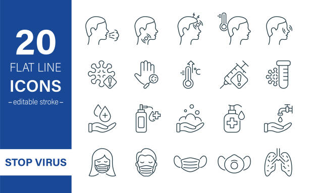 Coronavirus and Flu Linear Icon Set. Coronavirus Safety, Mask Protection, Flu Disease Prevention and Symptoms Pictogram. Washing Hand, Antiseptic and Sanitizer. Editable stroke. Vector illustration. Coronavirus and Flu Linear Icon Set. Coronavirus Safety, Mask Protection, Flu Disease Prevention and Symptoms Pictogram. Washing Hand, Antiseptic and Sanitizer. Editable stroke. Vector illustration. sore throat stock illustrations