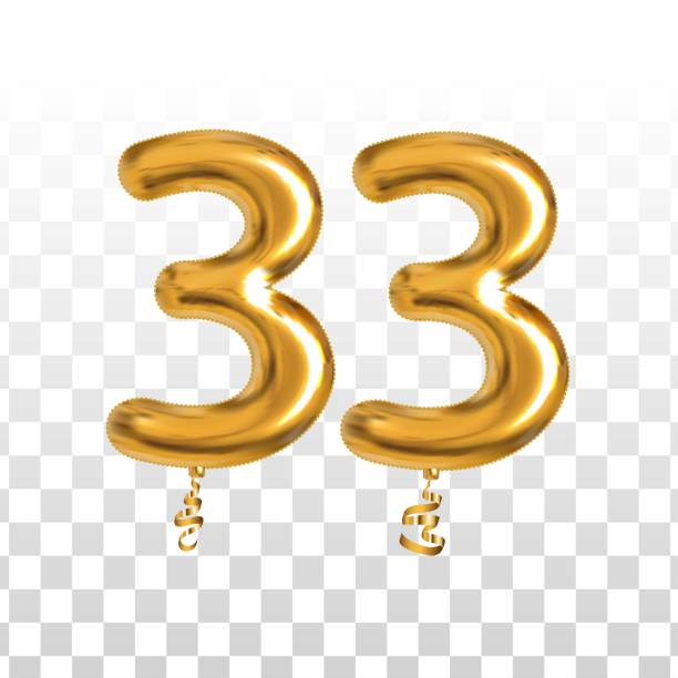 Vector realistic isolated golden balloon number of 33 for invitation decoration on the transparent background. Vector realistic isolated golden balloon number of 33 for invitation decoration on the transparent background. number 33 stock illustrations