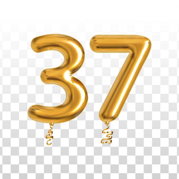 Vector realistic isolated golden balloon number of 37 for invitation decoration on the transparent background. Vector realistic isolated golden balloon number of 37 for invitation decoration on the transparent background. number 37 illustrations stock illustrations