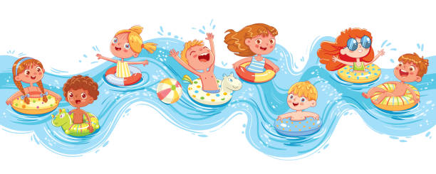 illustrations, cliparts, dessins animés et icônes de gosses ayant l’amusement sur des tubes de glissières d’eau à l’aquapark - swimming pool child swimming buoy