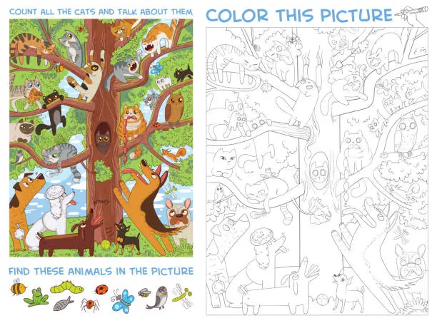 Vector illustration of Funny cats sit on a high tree. Count all the cats and talk about them. Find Hidden Items