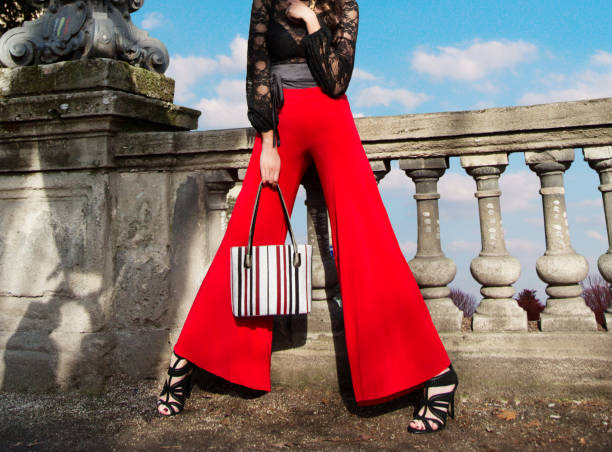 Fashion image. woman with red pants, heel shoes and purse. stock photo