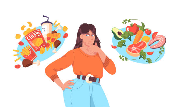 ilustrações, clipart, desenhos animados e ícones de mulher pessoa escolhendo entre alimentos saudáveis e não saudáveis - unhealthy eating