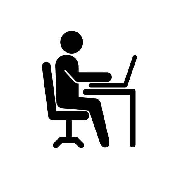 Office worker vector icon isolated on white background Office worker vector icon isolated on white background. Working place at the table with a laptop. Flat work computer icon man in the desk back view stock illustrations