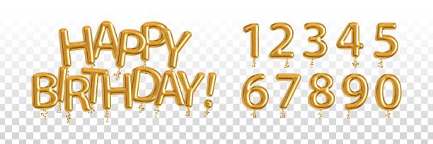 ilustraciones, imágenes clip art, dibujos animados e iconos de stock de vector realista aislado texto globo dorado de feliz cumpleaños con conjunto de números en el fondo transparente. concepto de celebración y aniversario. - balloon