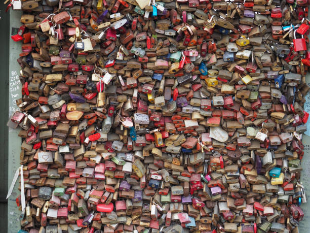 Koeln, Germany - Circa August 2019: Lovelocks on Hohenzollernbruecke (meaning Hohenzollern Bridge) crossing the river Rhein