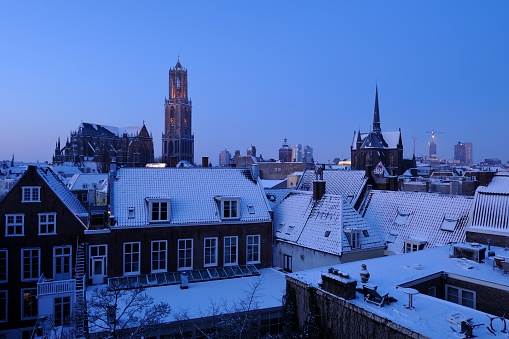 Cityscape of Utrecht in the winter in the morning.\n\nUtrecht is the capital and most populous city in the Dutch province of Utrecht. It is the fourth largest city in the Netherlands. Utrecht's ancient city centre features many buildings and structures several dating as far back as the High Middle Ages.\n\nThe most prominent building is the Gothic-style Dom tower, the tallest church tower in the Netherlands, at 112.5 metres (368 feet) in height. It is the symbol of the city. To the left is the remaining section of the Dom church. The two parts have not been connected since the collapse of the nave in 1674. It was destroyed by a tornado.