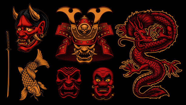 Colorful vector Samurai clipart Colorful vector Samurai clipart, vector illustrations for a Japanese theme. dragon tattoos stock illustrations