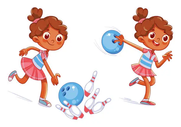 Vector illustration of Girl playing bowling. Funny cartoon character