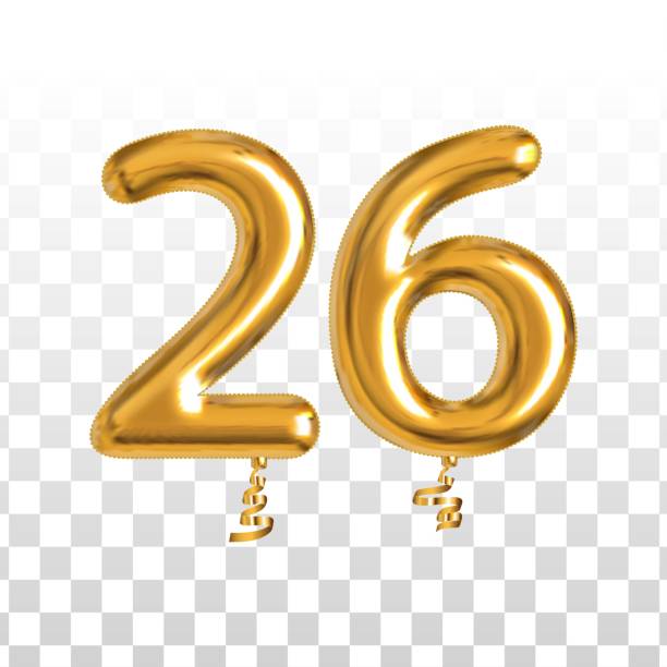 Vector realistic isolated golden balloon number of 26 for invitation decoration on the transparent background. Vector realistic isolated golden balloon number of 26 for invitation decoration on the transparent background. number 26 stock illustrations