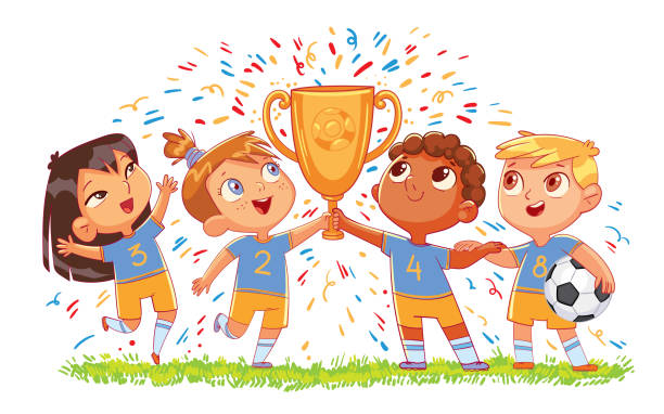 Children's soccer team hold gold cup. Funny cartoon character vector art illustration