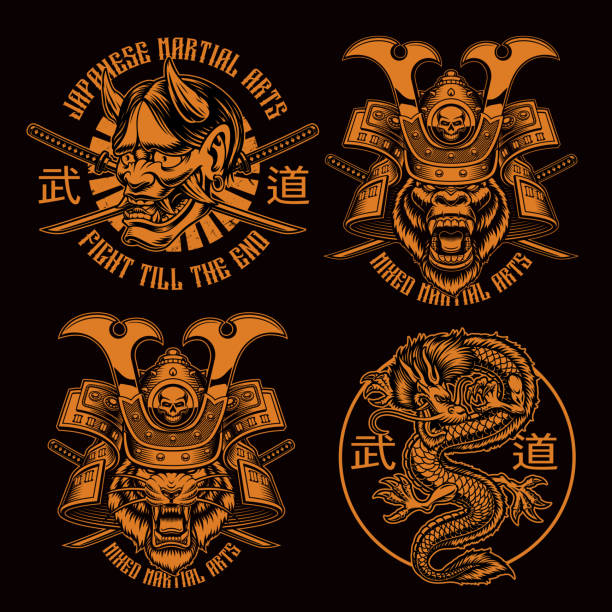 ilustraciones, imágenes clip art, dibujos animados e iconos de stock de diseños de camisetas samurai en blanco y negro - yakuza