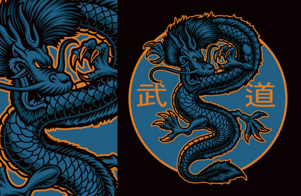 Colorful vector illustration of an Asian dragon Colorful vector illustration of an Asian dragon, this design can be used as a t-shirt print as well as an emblem for a company, translation of Japanese characters in the file layer name cartoon t shirt design stock illustrations