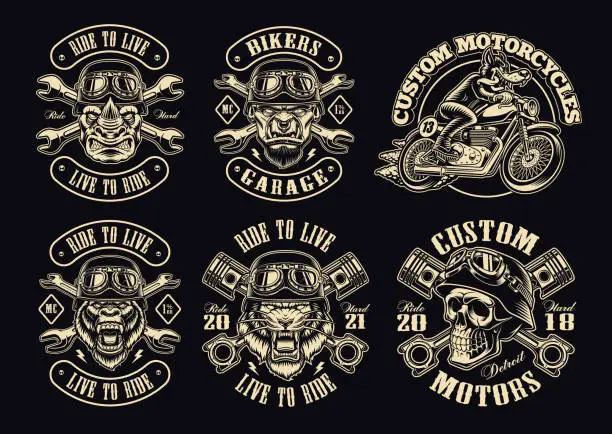 Vector illustration of A set of black and white biker illustrations