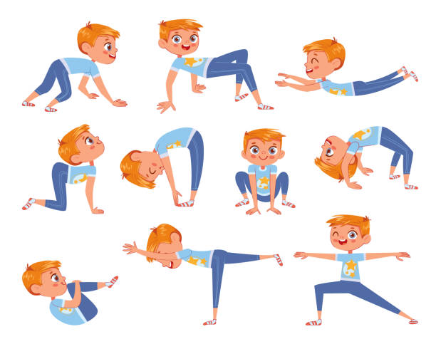 вырезать маленький мальчик делает физические упражнения. забавный мультипликационный персонаж - frog animal little boys child stock illustrations