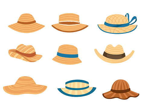 Set of natural summer hay hat with strap and bow flat vector illustration isolated on white background.