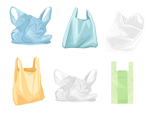 Set of colored used plastic bags flat vector illustration isolated on white background.
