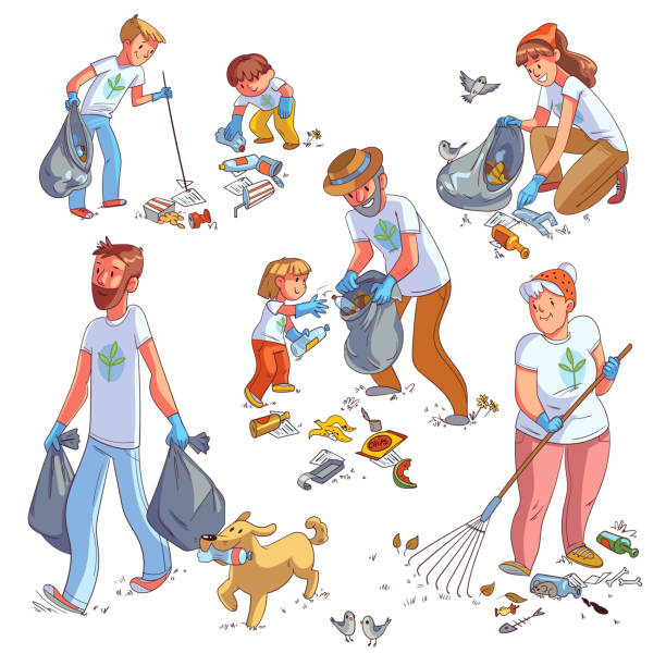 семья собирает мусор на природе. забавный мультипликационный персонаж - green garbage bag stock illustrations