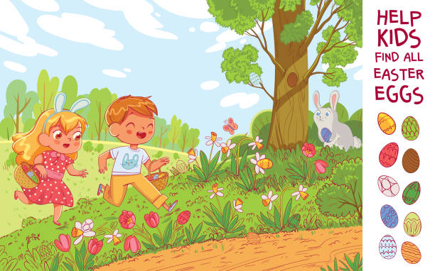 illustrations, cliparts, dessins animés et icônes de chasse aux oeufs. aidez les enfants à trouver 10 oeufs de pâques cachés dans le pré - easter easter egg spring group of objects