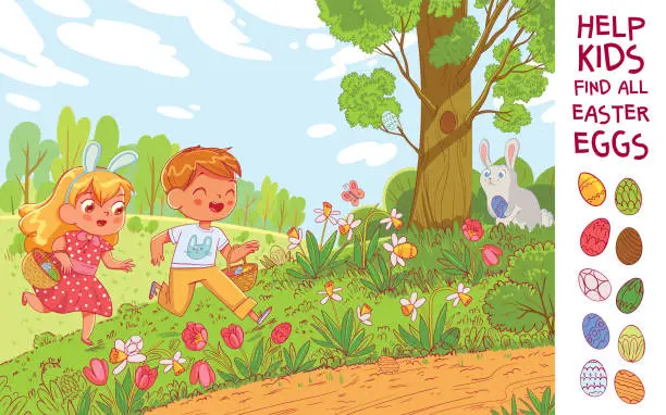 Vector illustration of Egg hunt. Help the children find 10 hidden Easter eggs in the meadow