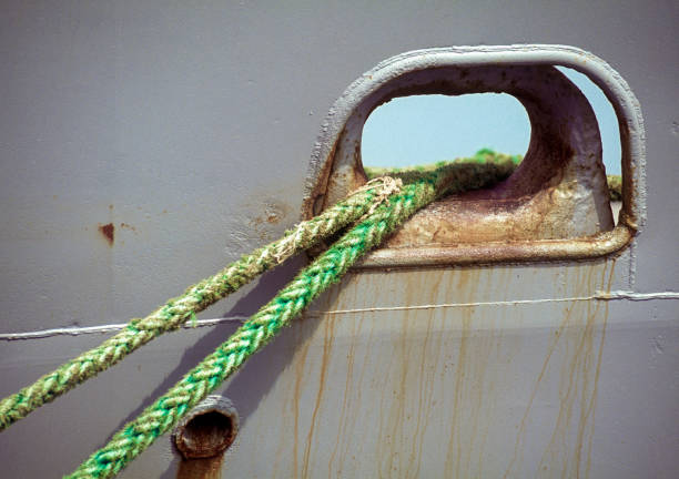 Side with anchor and mooring ropes of ORP Blyskawica (Lightning),  destroyer which served in the Polish Navy during World War II, the oldest preserved destroyer in the world, Gdynia, Poland