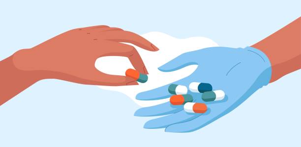 Medical concept vector stock illustration for pharmacy, healthcare and medicine. A doctor or nurse with gloves gives a pill to a patient as a therapy, placebo, treatment or cure. Vector, flat illustration diet pills stock illustrations