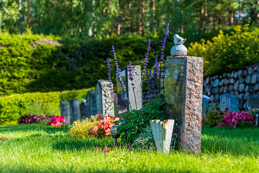 Horndal, Sweden, 18-08-2020.
Row of tombstones decorated with colorful flowers, in summer sunlight at a well-cared cemetery in Sweden